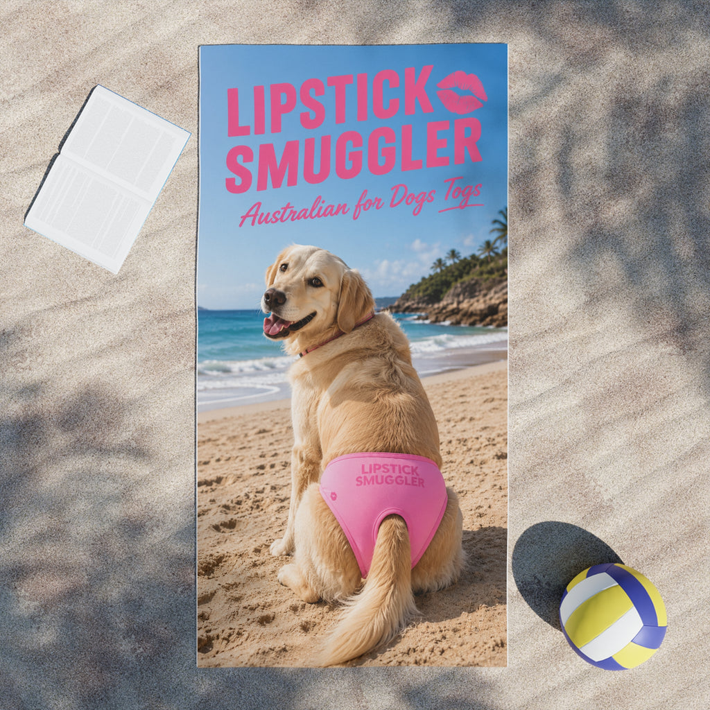 Lipstick Smuggler Dog Beach Towel – Cute Labrador in Pink Doggy Bikini