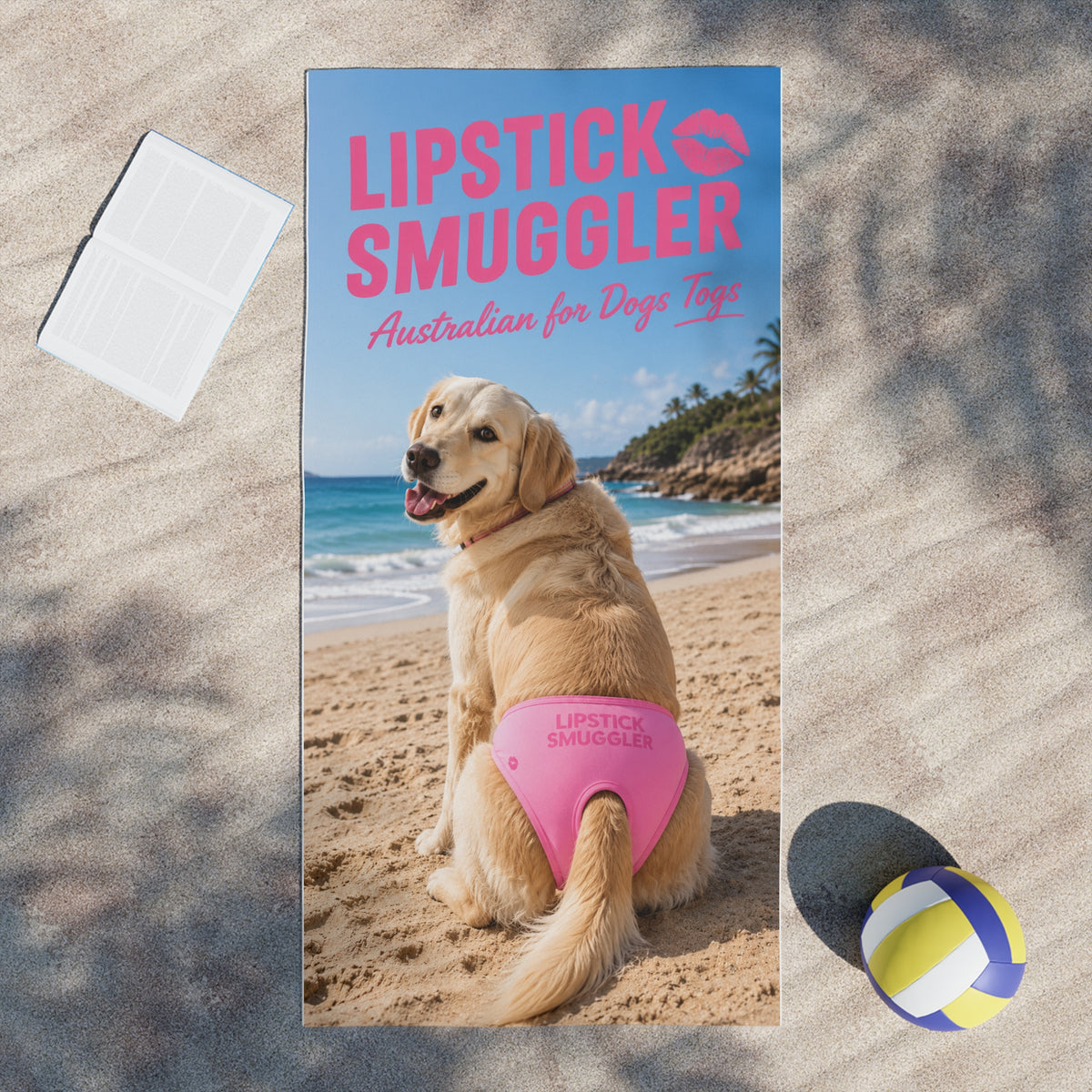 Lipstick Smuggler Dog Beach Towel – Cute Labrador in Pink Doggy Bikini
