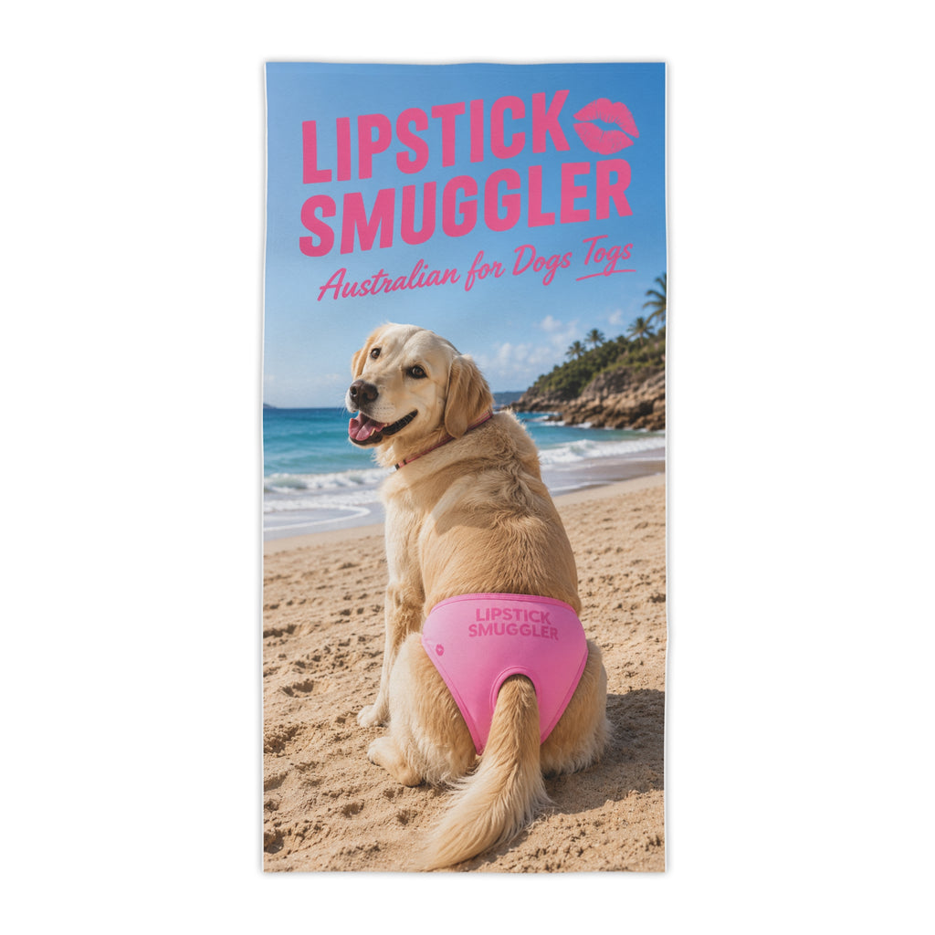 Lipstick Smuggler Dog Beach Towel – Cute Labrador in Pink Doggy Bikini